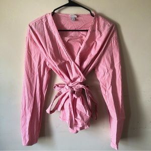 Pink + White Stripe Wrap Top - Small